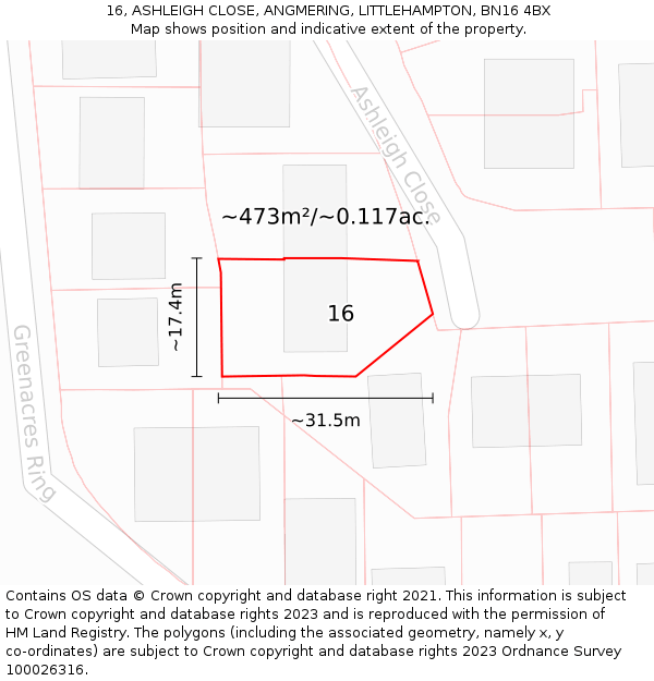 16, ASHLEIGH CLOSE, ANGMERING, LITTLEHAMPTON, BN16 4BX: Plot and title map