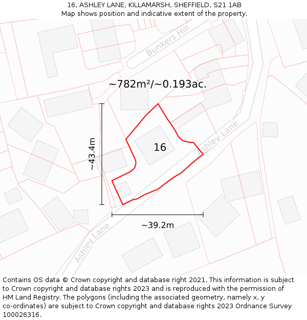 16, ASHLEY LANE, KILLAMARSH, SHEFFIELD, S21 1AB: Plot and title map