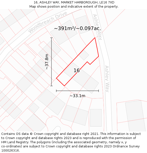 16, ASHLEY WAY, MARKET HARBOROUGH, LE16 7XD: Plot and title map