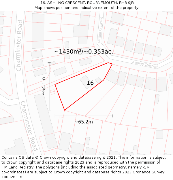 16, ASHLING CRESCENT, BOURNEMOUTH, BH8 9JB: Plot and title map