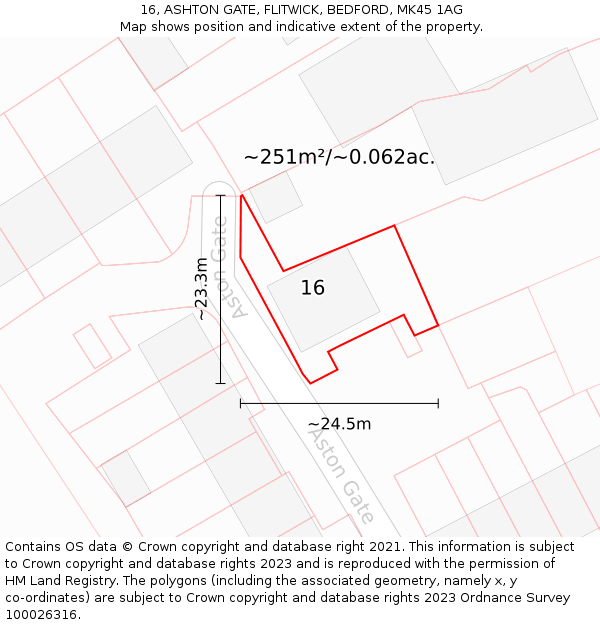 16, ASHTON GATE, FLITWICK, BEDFORD, MK45 1AG: Plot and title map