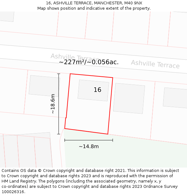 16, ASHVILLE TERRACE, MANCHESTER, M40 9NX: Plot and title map