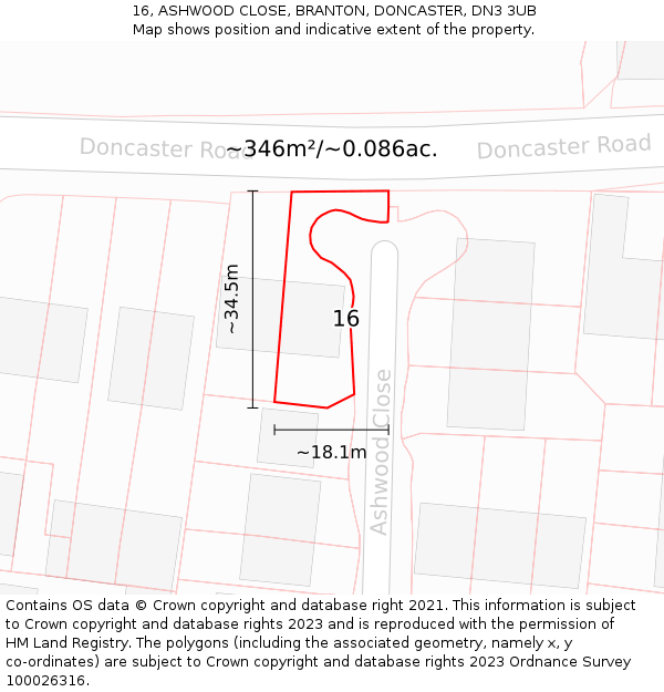 16, ASHWOOD CLOSE, BRANTON, DONCASTER, DN3 3UB: Plot and title map