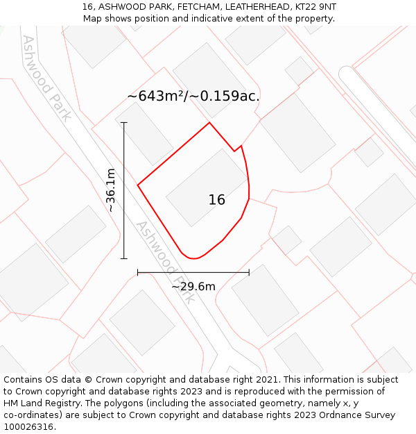 16, ASHWOOD PARK, FETCHAM, LEATHERHEAD, KT22 9NT: Plot and title map