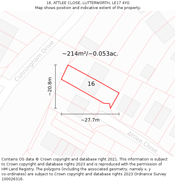 16, ATTLEE CLOSE, LUTTERWORTH, LE17 4YG: Plot and title map