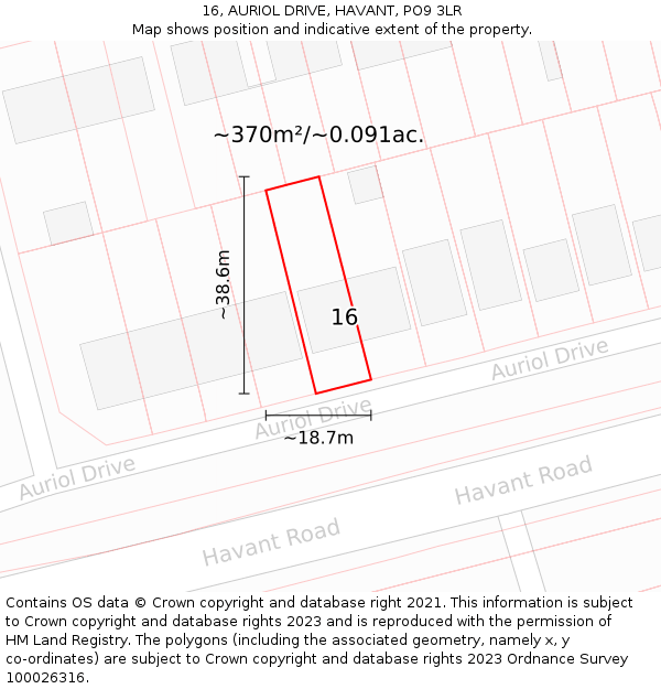 16, AURIOL DRIVE, HAVANT, PO9 3LR: Plot and title map