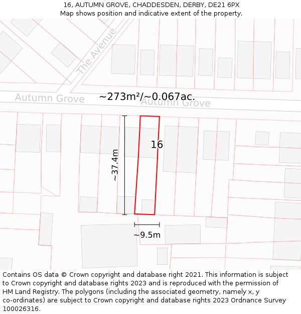 16, AUTUMN GROVE, CHADDESDEN, DERBY, DE21 6PX: Plot and title map