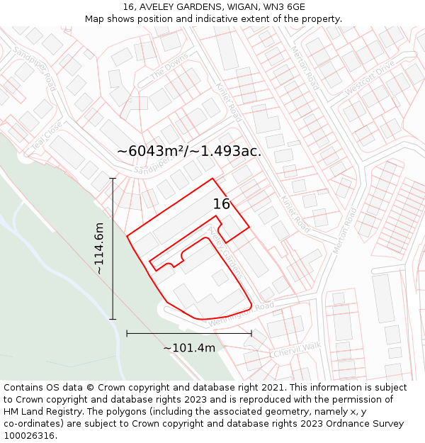 16, AVELEY GARDENS, WIGAN, WN3 6GE: Plot and title map