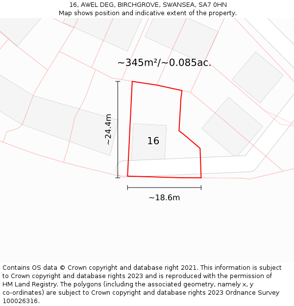 16, AWEL DEG, BIRCHGROVE, SWANSEA, SA7 0HN: Plot and title map