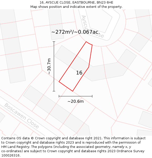 16, AYSCUE CLOSE, EASTBOURNE, BN23 6HE: Plot and title map