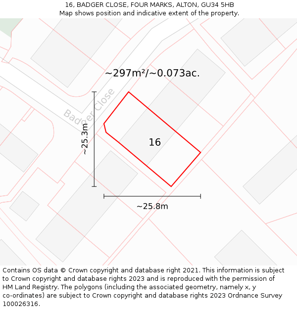 16, BADGER CLOSE, FOUR MARKS, ALTON, GU34 5HB: Plot and title map