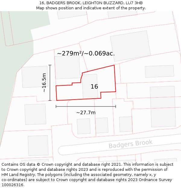 16, BADGERS BROOK, LEIGHTON BUZZARD, LU7 3HB: Plot and title map
