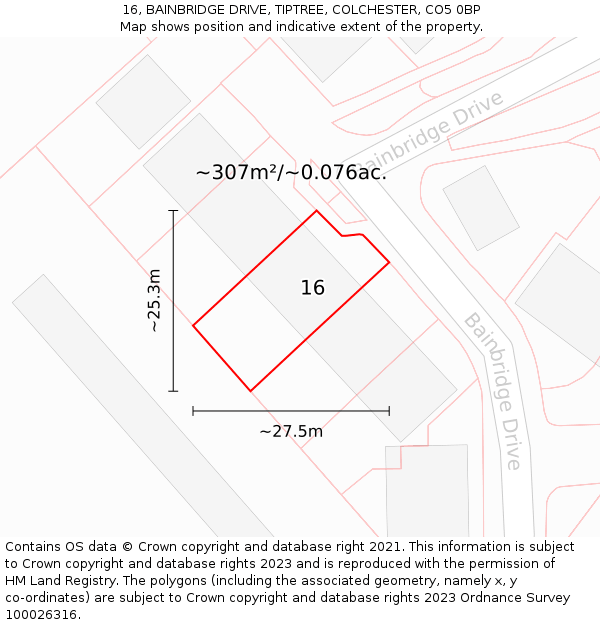 16, BAINBRIDGE DRIVE, TIPTREE, COLCHESTER, CO5 0BP: Plot and title map