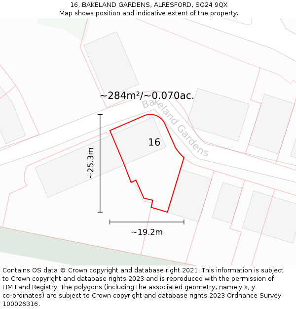 16, BAKELAND GARDENS, ALRESFORD, SO24 9QX: Plot and title map