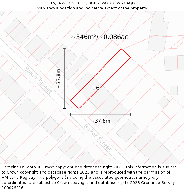 16, BAKER STREET, BURNTWOOD, WS7 4QD: Plot and title map