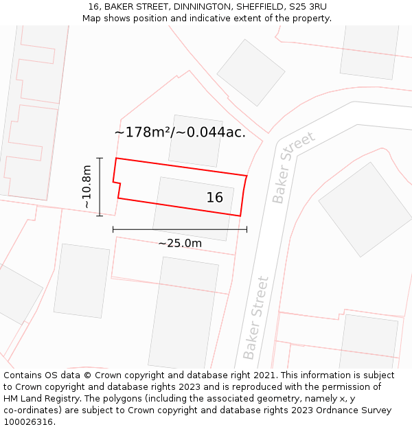 16, BAKER STREET, DINNINGTON, SHEFFIELD, S25 3RU: Plot and title map