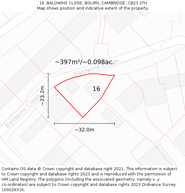 16, BALDWINS CLOSE, BOURN, CAMBRIDGE, CB23 2TH: Plot and title map