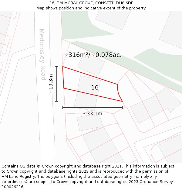 16, BALMORAL GROVE, CONSETT, DH8 6DE: Plot and title map