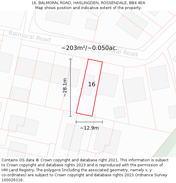 16, BALMORAL ROAD, HASLINGDEN, ROSSENDALE, BB4 4EA: Plot and title map