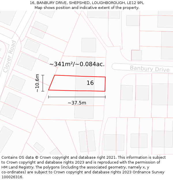 16, BANBURY DRIVE, SHEPSHED, LOUGHBOROUGH, LE12 9PL: Plot and title map