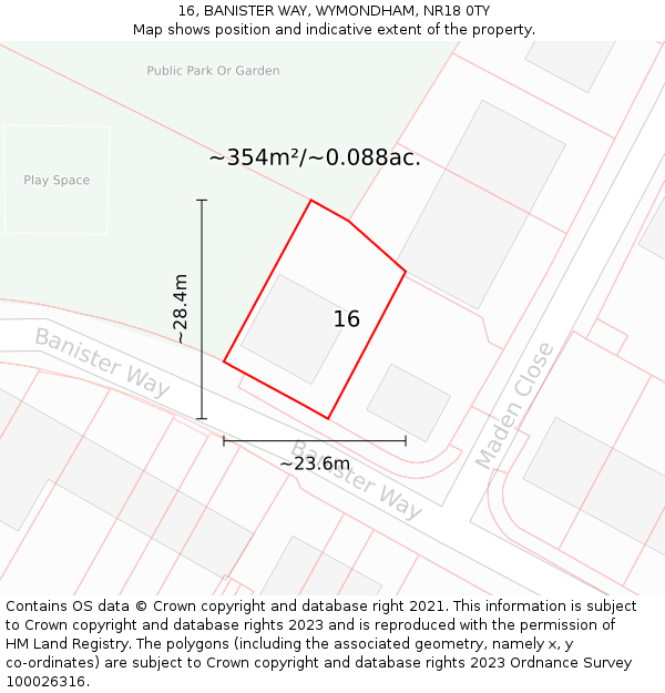 16, BANISTER WAY, WYMONDHAM, NR18 0TY: Plot and title map
