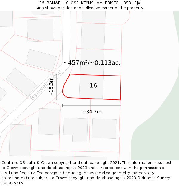 16, BANWELL CLOSE, KEYNSHAM, BRISTOL, BS31 1JX: Plot and title map