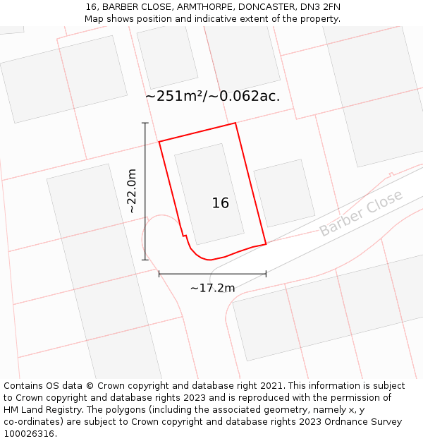 16, BARBER CLOSE, ARMTHORPE, DONCASTER, DN3 2FN: Plot and title map