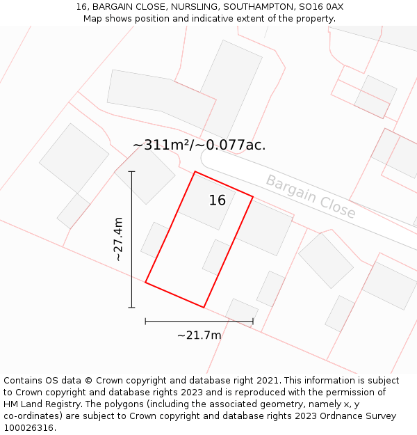 16, BARGAIN CLOSE, NURSLING, SOUTHAMPTON, SO16 0AX: Plot and title map