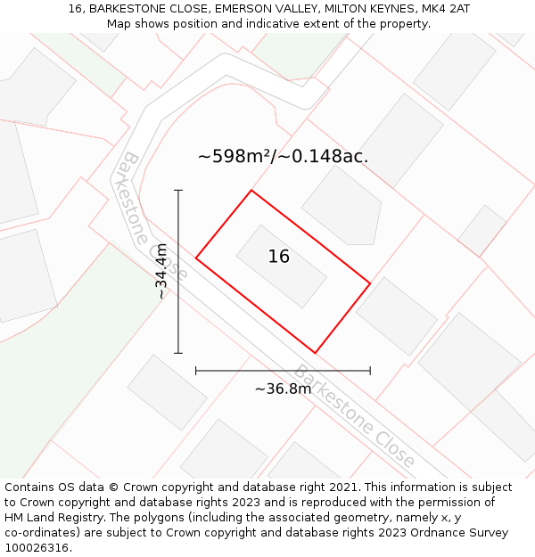 16, BARKESTONE CLOSE, EMERSON VALLEY, MILTON KEYNES, MK4 2AT: Plot and title map