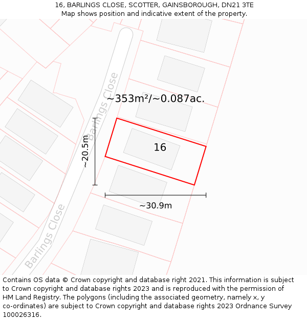 16, BARLINGS CLOSE, SCOTTER, GAINSBOROUGH, DN21 3TE: Plot and title map