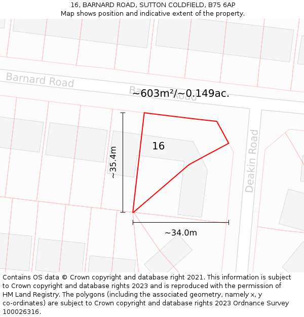 16, BARNARD ROAD, SUTTON COLDFIELD, B75 6AP: Plot and title map
