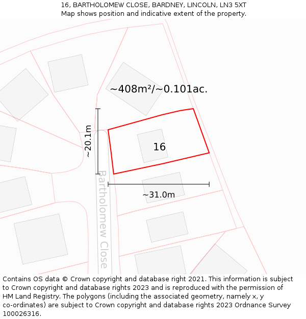 16, BARTHOLOMEW CLOSE, BARDNEY, LINCOLN, LN3 5XT: Plot and title map