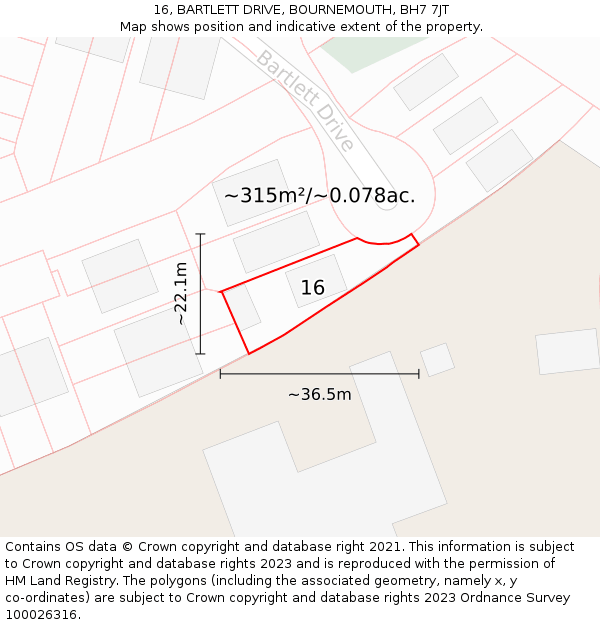 16, BARTLETT DRIVE, BOURNEMOUTH, BH7 7JT: Plot and title map