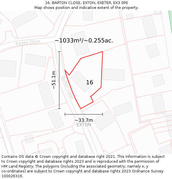 16, BARTON CLOSE, EXTON, EXETER, EX3 0PE: Plot and title map