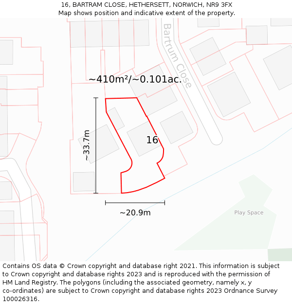 16, BARTRAM CLOSE, HETHERSETT, NORWICH, NR9 3FX: Plot and title map