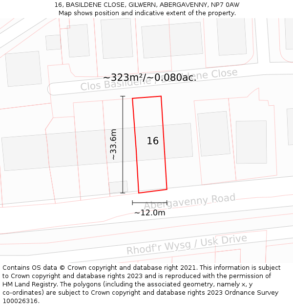 16, BASILDENE CLOSE, GILWERN, ABERGAVENNY, NP7 0AW: Plot and title map
