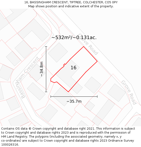 16, BASSINGHAM CRESCENT, TIPTREE, COLCHESTER, CO5 0PY: Plot and title map