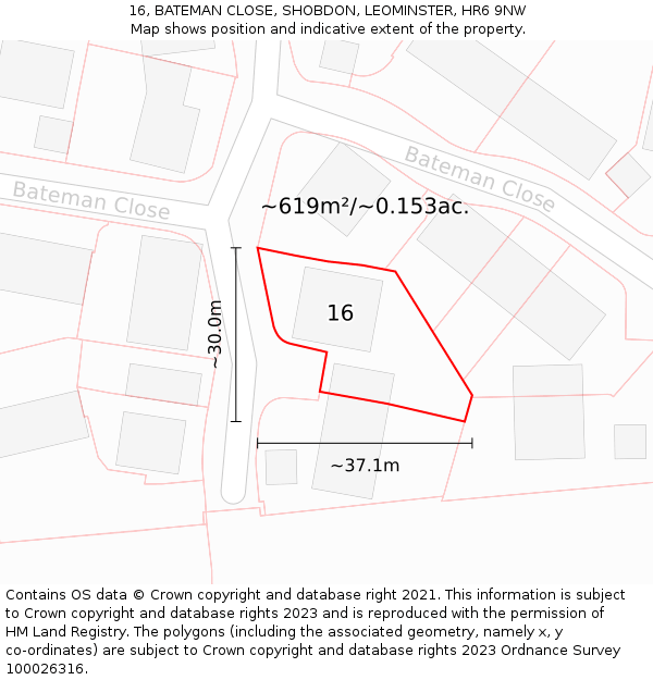 16, BATEMAN CLOSE, SHOBDON, LEOMINSTER, HR6 9NW: Plot and title map