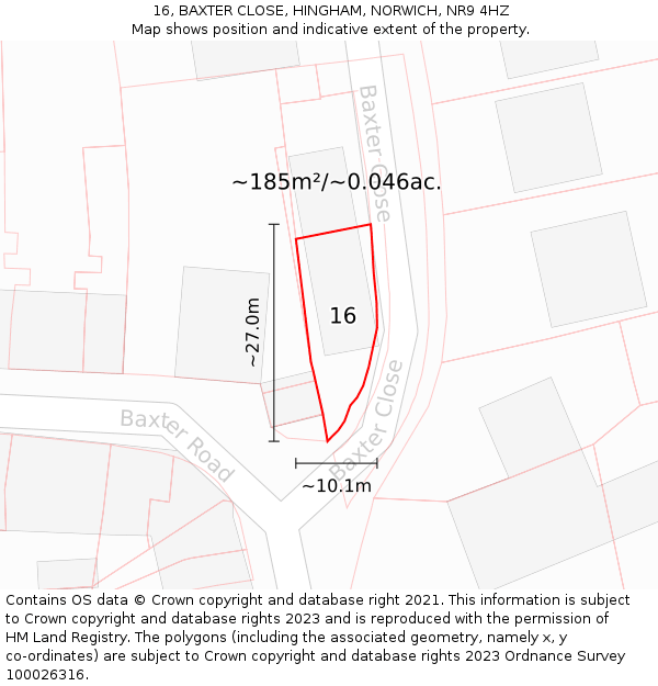 16, BAXTER CLOSE, HINGHAM, NORWICH, NR9 4HZ: Plot and title map