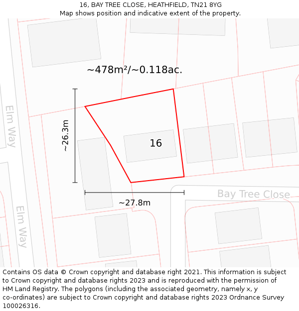 16, BAY TREE CLOSE, HEATHFIELD, TN21 8YG: Plot and title map