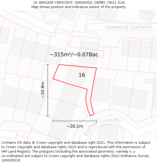 16, BAYLEAF CRESCENT, OAKWOOD, DERBY, DE21 2UG: Plot and title map