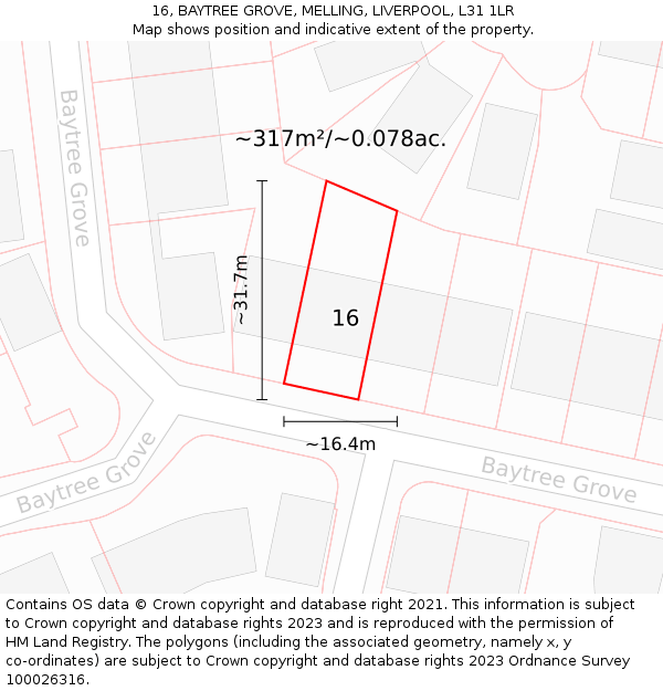 16, BAYTREE GROVE, MELLING, LIVERPOOL, L31 1LR: Plot and title map