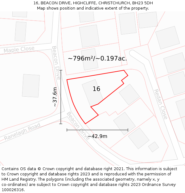 16, BEACON DRIVE, HIGHCLIFFE, CHRISTCHURCH, BH23 5DH: Plot and title map