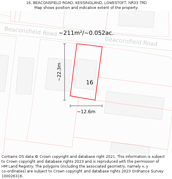 16, BEACONSFIELD ROAD, KESSINGLAND, LOWESTOFT, NR33 7RD: Plot and title map