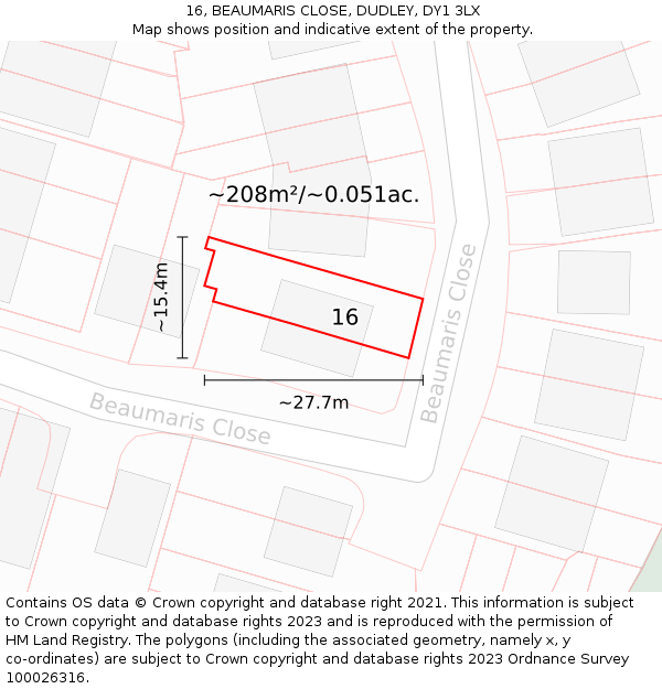 16, BEAUMARIS CLOSE, DUDLEY, DY1 3LX: Plot and title map