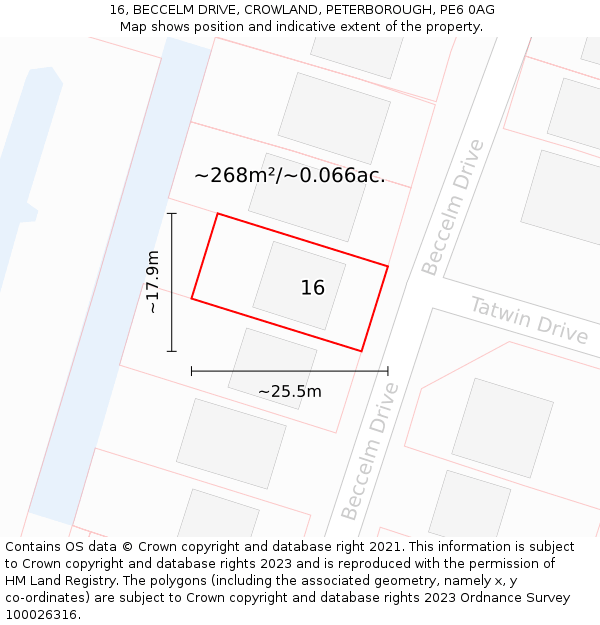 16, BECCELM DRIVE, CROWLAND, PETERBOROUGH, PE6 0AG: Plot and title map