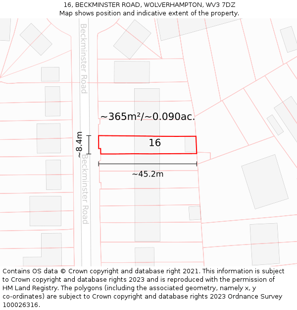 16, BECKMINSTER ROAD, WOLVERHAMPTON, WV3 7DZ: Plot and title map