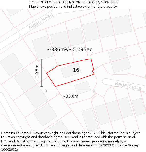 16, BEDE CLOSE, QUARRINGTON, SLEAFORD, NG34 8WE: Plot and title map