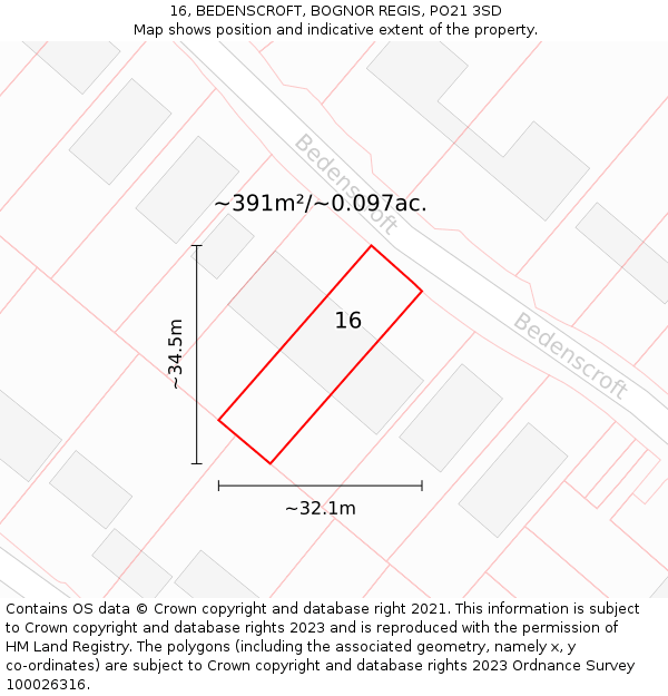 16, BEDENSCROFT, BOGNOR REGIS, PO21 3SD: Plot and title map