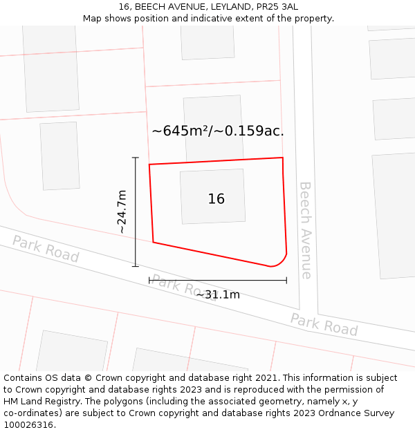 16, BEECH AVENUE, LEYLAND, PR25 3AL: Plot and title map